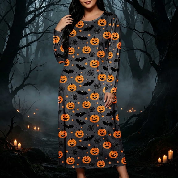 SELONE Long Nightgowns for Women Long Sleeve Plus Size Halloween Pajamas Dress Pumpkin House Dress Party Nightwear