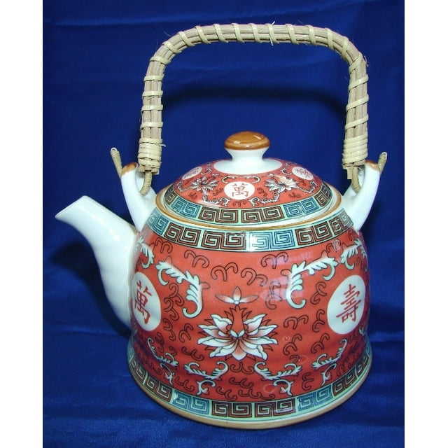 Red Teapot w/ Longevity Symbol, Bamboo Handle