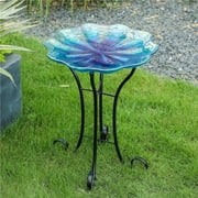 Luxen Home Blue Ripples Glass Bird Bath with Metal Stand