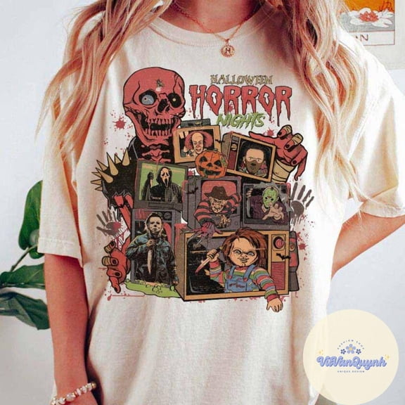 Halloween Horror Characters Shirt, Scary Movie T-Shirt,Natural Color,Size M
