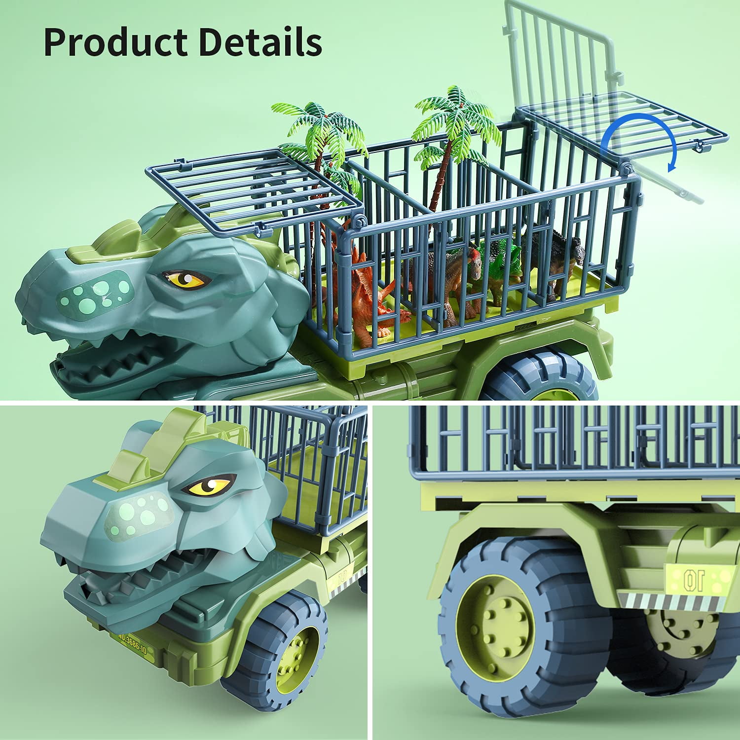 EXERCISE N PLAY Dinosaur Transport Truck Playset Toys with 3 Dino Figures, Large Tyrannosaurus Vehicle Carrier Car Toys for Boys Ages 3+