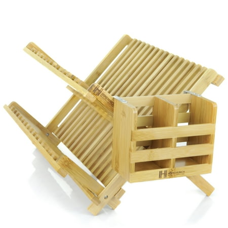 Hand Dryer Mat Dish Drying Rack - Foldable And Collapsible bamboo Eco Friendly Plate Dryer With Detachable Utensil Holder Drainer Mat ()
