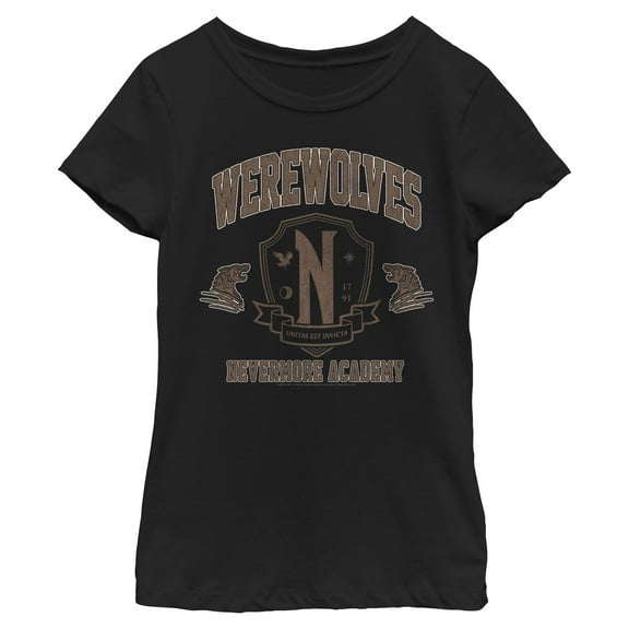 Girls Wednesday Werewolves Academy Crest T Shirt