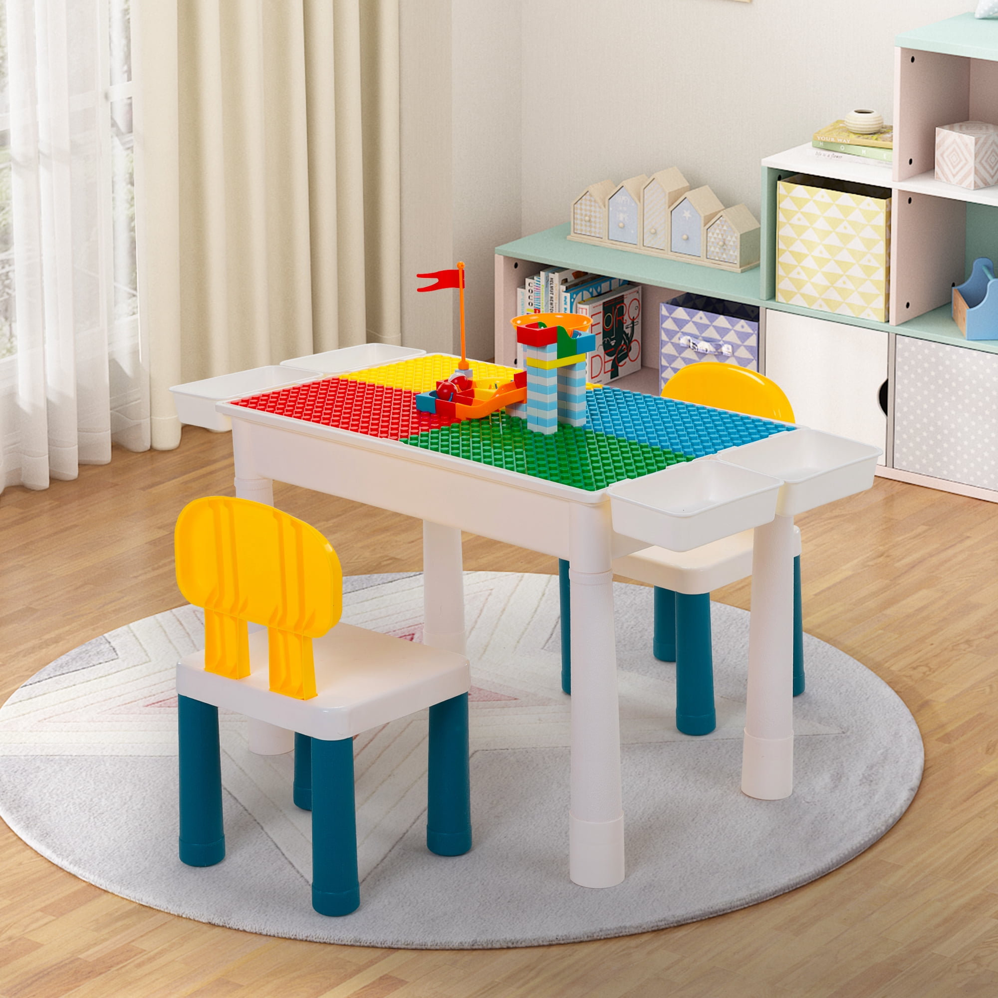 Tobbi Toddler Table and Chairs, Kids Activity Table Set with 2 Chairs, Building Block Table