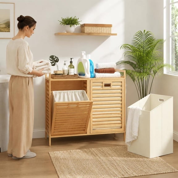 Double Tilt-Out Laundry Hamper with 2 Removable Bins, Natural Bamboo, 10-Gal Compartments, Top Storage Shelf