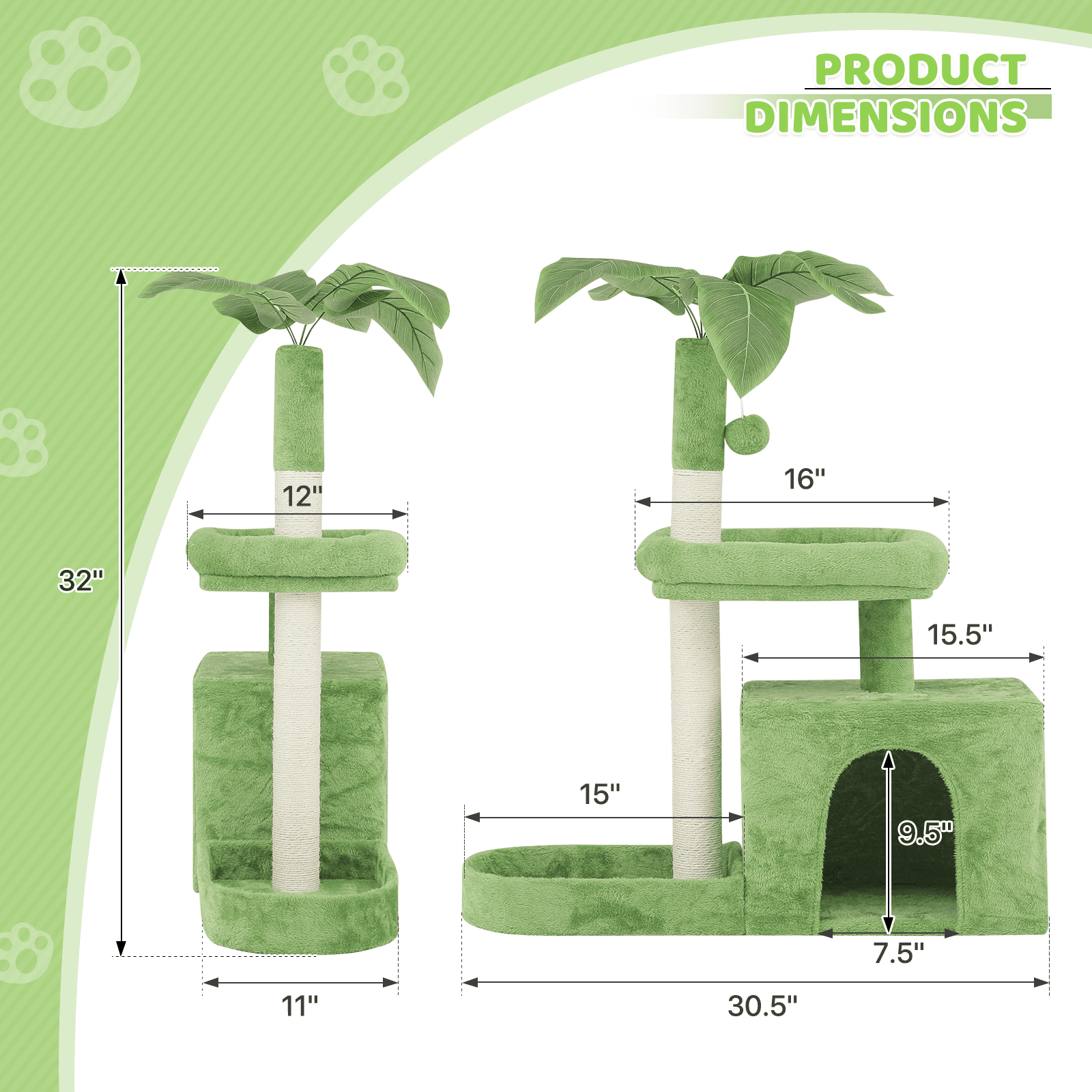 Magshion Cat Tree for Indoor Cats with Green Leaves, 32'' Cat Tower for Indoor Cats with Rest Area, Plush Cat House with Cat Cave and Sisal Scratching Posts Cat Furniture, Green