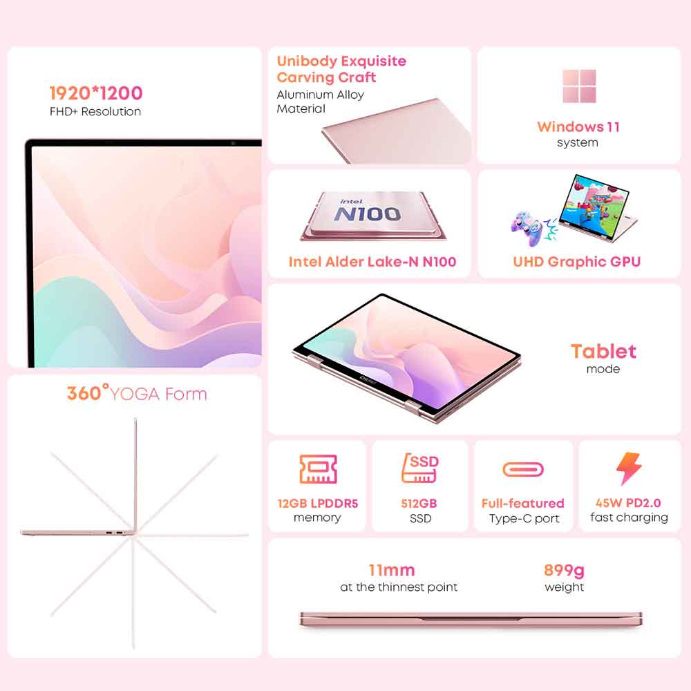 CHUWI 10.51" 360° Touchscreen Mini Laptop 512GB SSD 12GB RAM,12th Gen Intel Alder Lake N100(Up to 3.4GHz),Windows 11,2 in 1 Gaming Tablet Notebook Computer(MiniBook X)