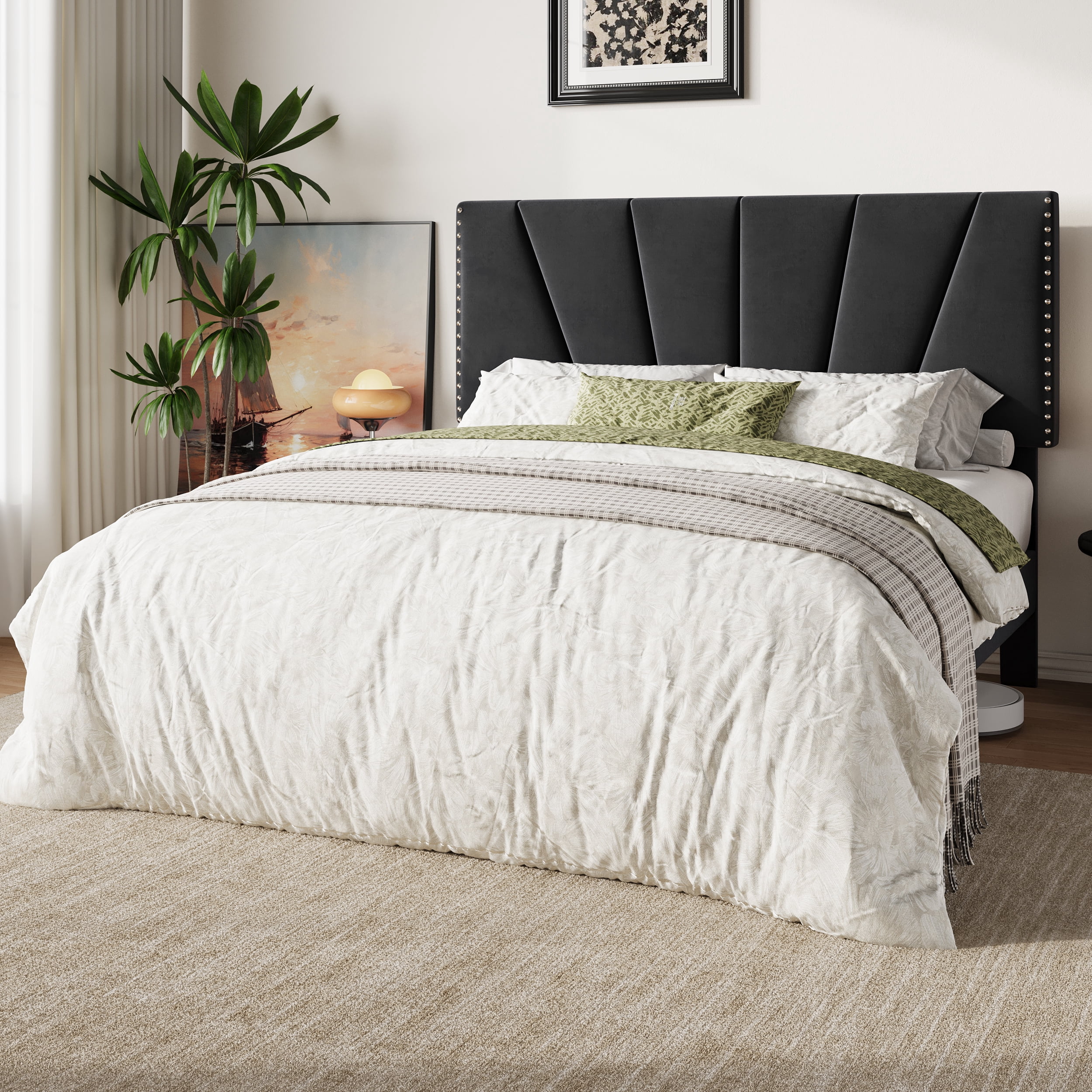 Amolife Queen Size Platform Bed Frame with Adjustable Velvet Upholstered Headboard, Black