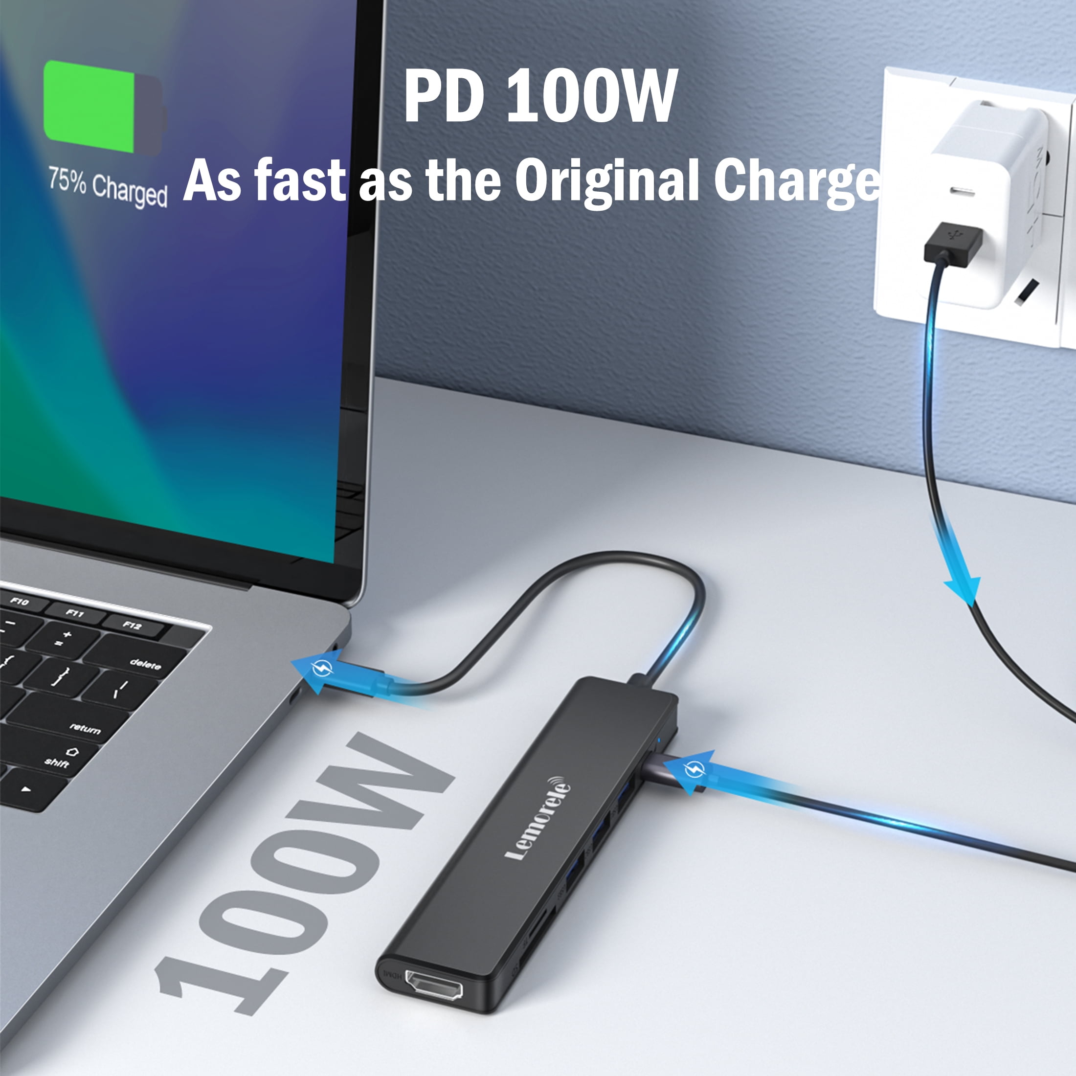 Lemorele USB-C Hub, Docking Station, 7-in-1 USB C Adapter with 4K HDMI,  USB 3.0/2.0 Data Ports, SD/TF Card Reader, 100W PD Fast Charging