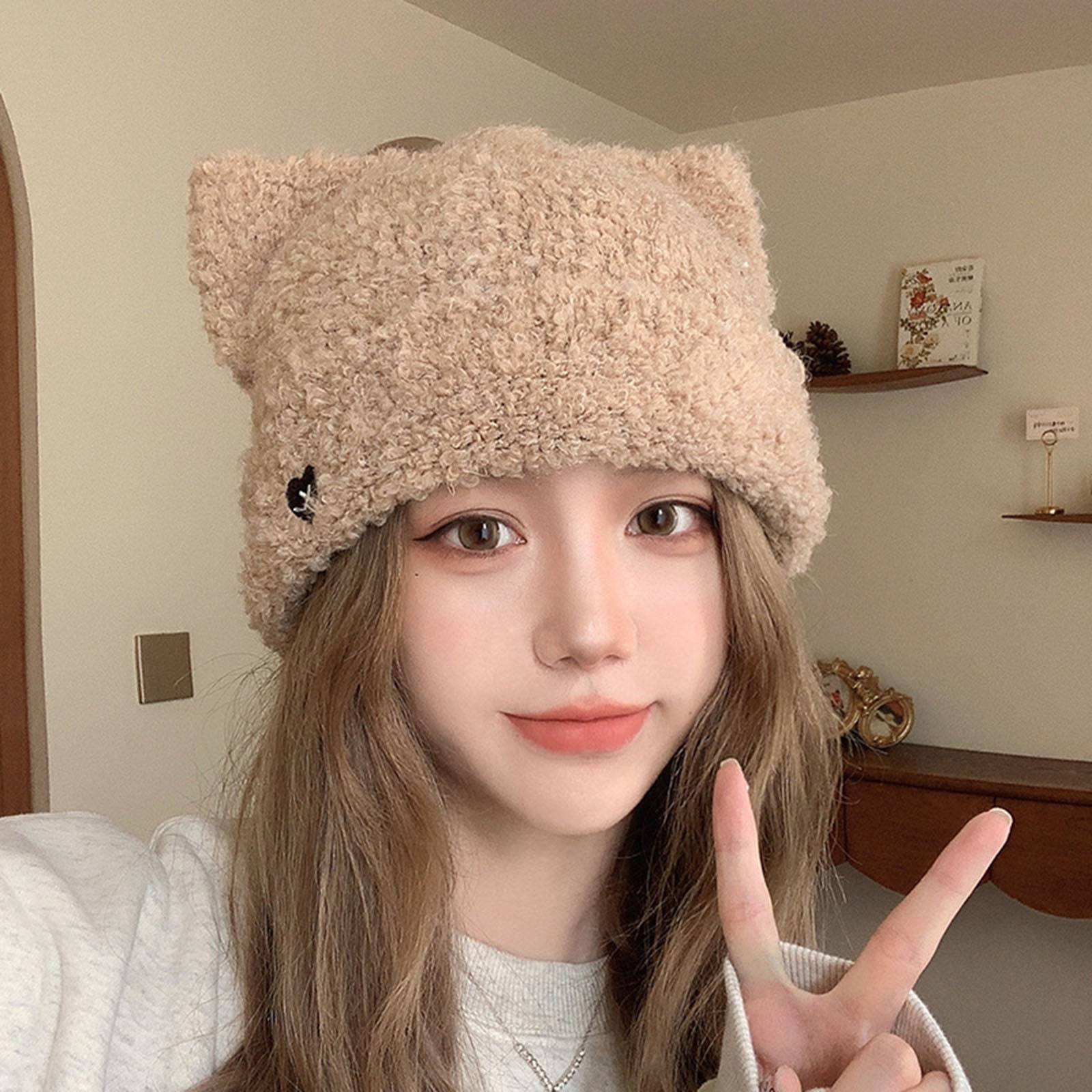 Jsaierl Women's Cute Cat Ear Hats Soft Warm Knit Hats Windproof