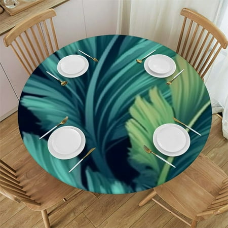 

Palm Leaves Elastic Edge Table Cover Round Hawaiian Green Leaf Fitted Tablecloth Outdoor Picnic Patio Party