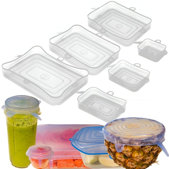 BPPEG Stretch Lids Silicone Food Storage Container Lids-Reusable Rectangular 6-Pack-Leak-Proof&Eco-Friendly Covers for Fresh Food Storage in Plastic Containers,Jars,Bins,Cups & Mason Bowls - White