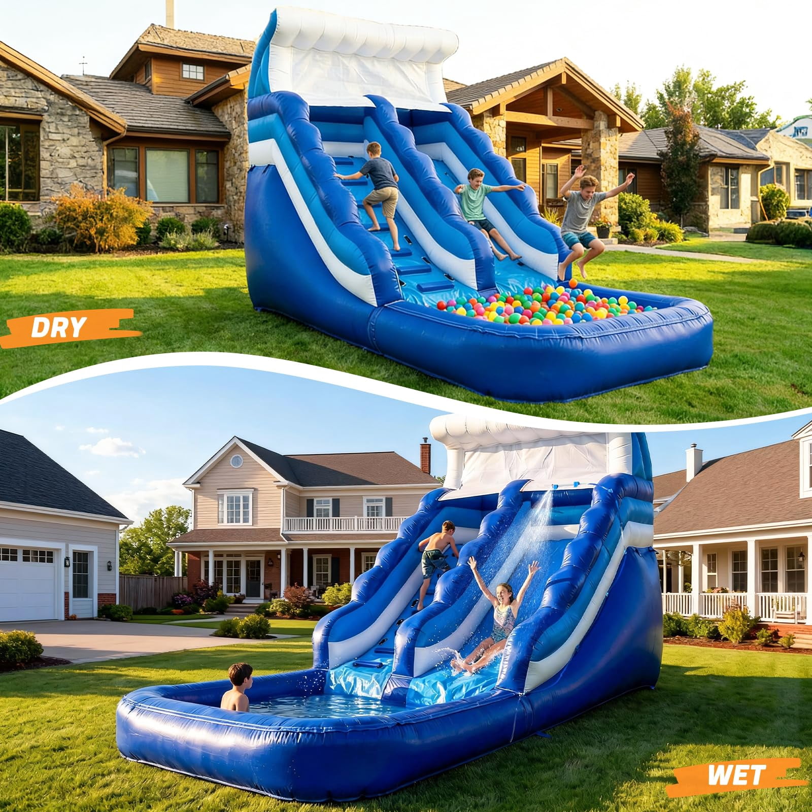 18’(L) Inflatable Water Slide Commercial Grade PVC with Detachable Slide Climbing Ladder and Pool, Giant Inflatable Wet Dry Use, Blow Up Water Slides for Backyard Outdoor, Party, Rental, Gift
