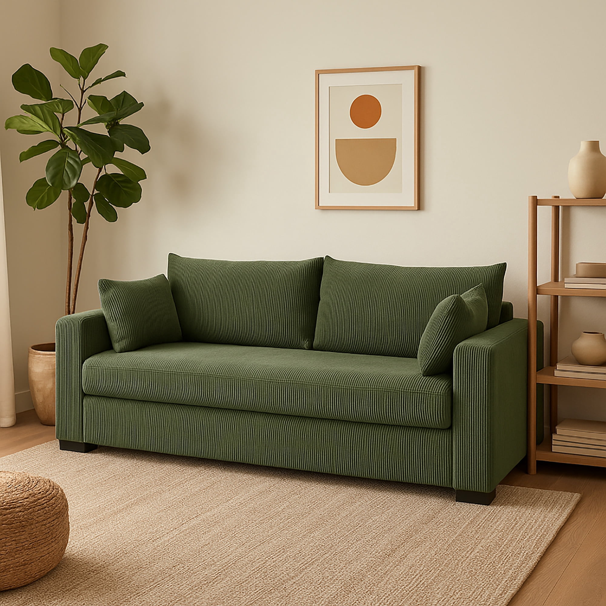 MOONMISS 79" Corduroy Sofa,3 Seater Sofa with Extra Deep Seats,Comfy Upholstered Couch for Living Room,2 Pillows,Green