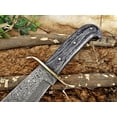 thumbnail image 3 of 15" Long hand forged Damascus steel Hunting Bowie Knife, 2 tone Black Dollar wood with Brass finger guard, Cow Hide Leather sheath with belt loop, 3 of 5