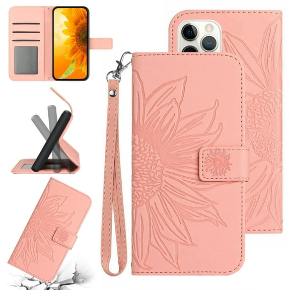 Feishell Slim Wallet Case for iPhone 12/12 Pro 6.1 ",for Men Women,Sunflower Embossed Pattern PU Leather Flip Cover Magnetic Closure Folio Card Slots Kickstand Phone Case with Hand Strap,Pink