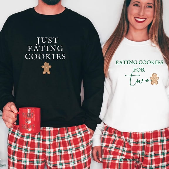 Funny Couple Christmas Pregnancy Announcement Sweatshirt,Eating For Two Christmas Pregnancy Reveal Sweater,Matching Couple Christmas