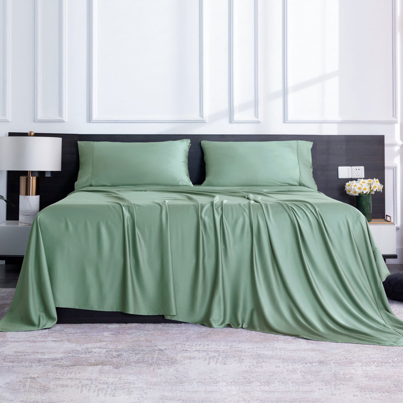 Lidoloka Luxury Bamboo Bed Sheets Set Twin 3Pcs for Adult,Soft&Cool,16" Deep Pocket,Green