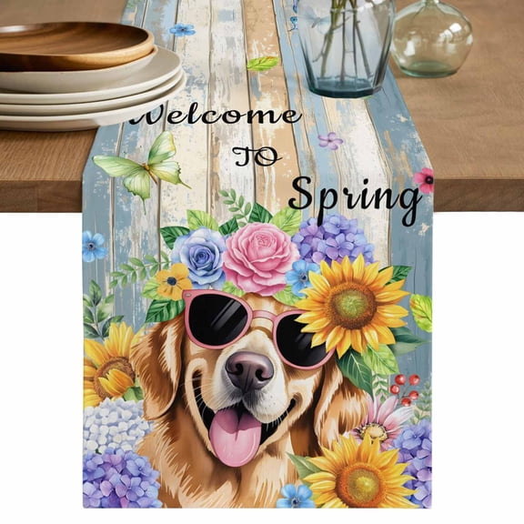 Spring Dog Table Runner 72 Inches, Retro Watercolor Botanical Floral Sunflower Bed Runner Dresser Scarves Tabletop for Indoor Outdoor Parties/Ceremony/Banquet, 18" x 72"