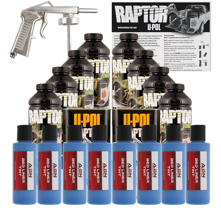U-POL Raptor Tintable Reflex Blue Bed Liner Kit w/ Spray Gun, 8L
