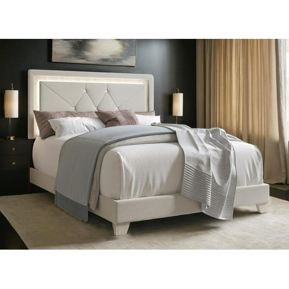 K-Living Bash Fog Colored Linen Fabric King Bed with LED light! BOX SPRING IS NOT REQUIRED!
