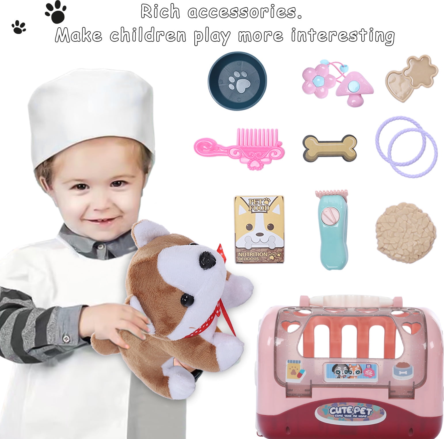 Ktyne Plush Toy Dog Care Play Set, Pretend Play Carrier with Plush Dog, Brush, Toy Food, and