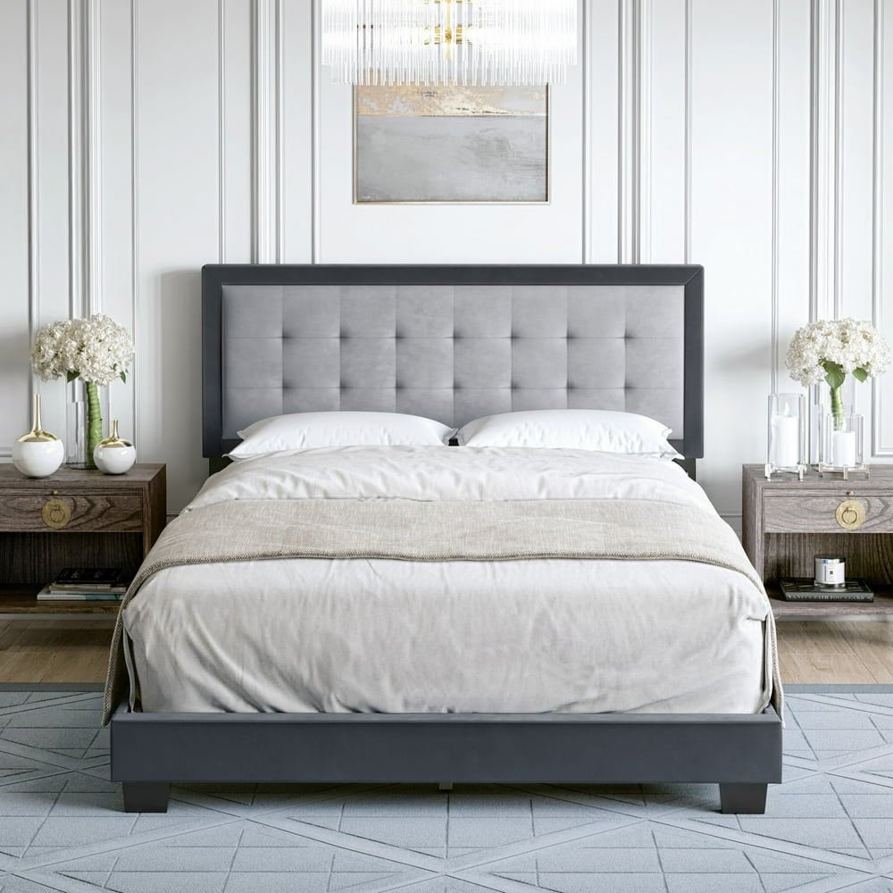 Premier Polina Velvet Upholstered Platform Bed Frame, Grey Full