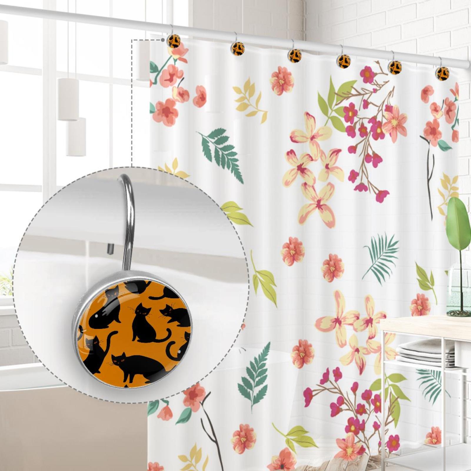 Black Cats Silihouette Shower Curtain Hooks Round Crystal Glass, Set of 12 Shower Curtain Rings - Shower Hooks for Curtain Shower Rings