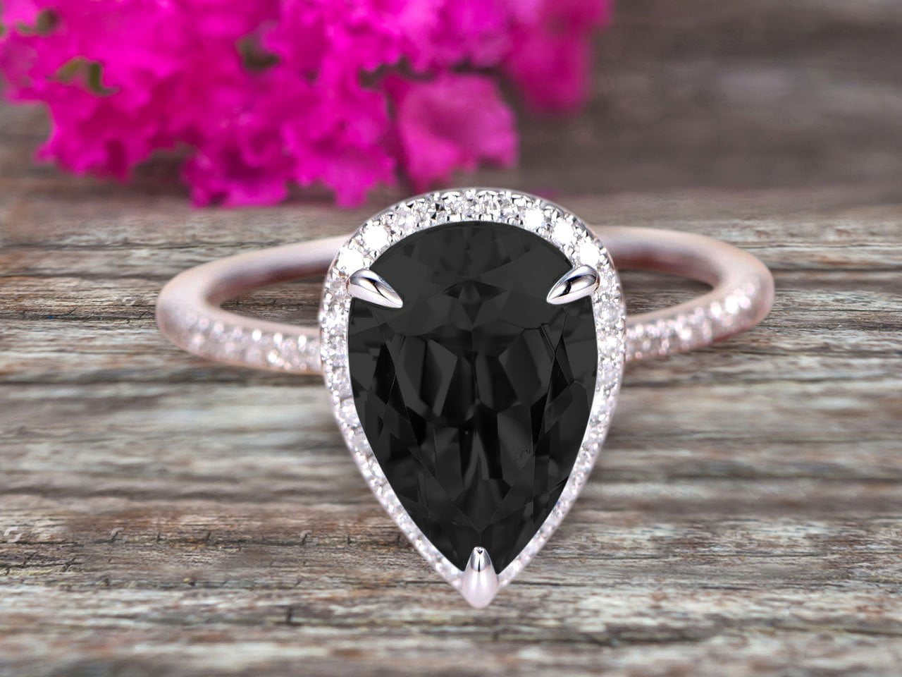 Halo Solitaire Engagement Ring 2ct Pear Cut Black Diamond 14k Rose Gold Finish