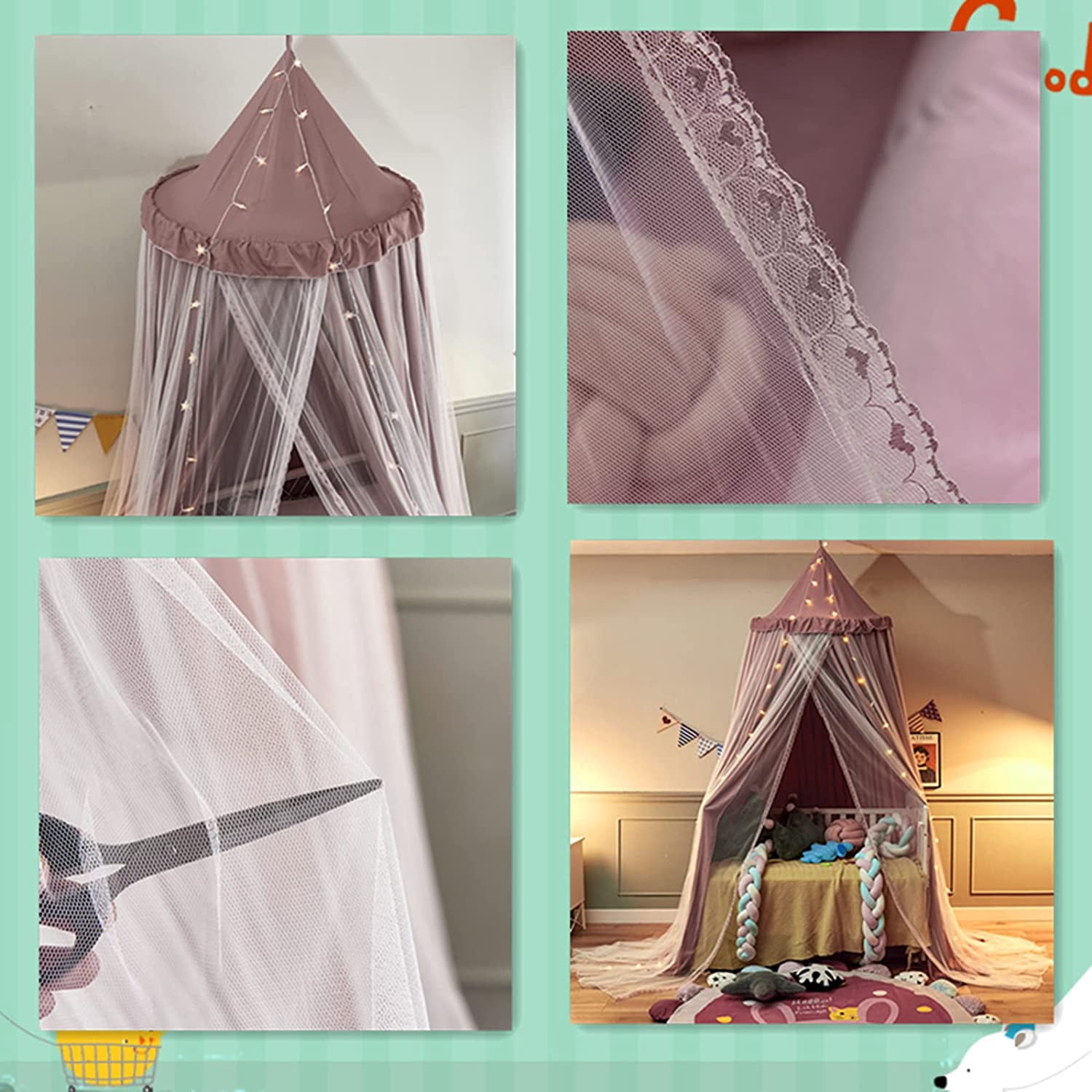 Bed Canopy Double Layer Princess Round Dome Dreamy Mosquito Net Bedding Girls Room Castle Play Tent Hanging House Decor Reading Nook Canopies(Jujube Red/White)