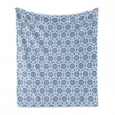 Blue Mandala Soft Flannel Fleece Throw Blanket, Abstract Flower Pattern Geometrical Design Illustration, Cozy Plush for Indoor and Outdoor Use, 60" x 80", Royal Blue Navy Blue, by Ambesonne