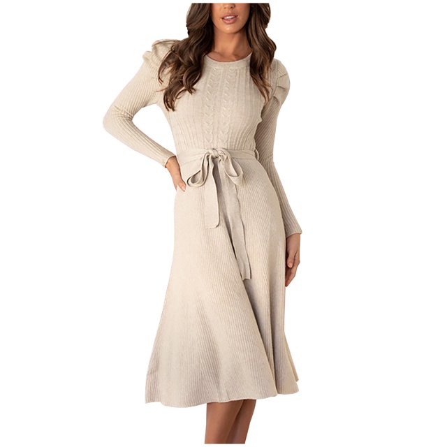 Robe Chandail Mi-Longue pour Femme Col Rond Manches Bouffantes Jupe Tricotée de Couleur Unie