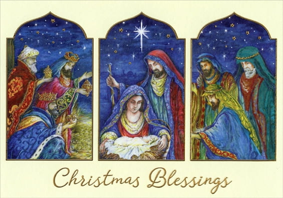 Designer Greetings Magi Visit Jesus Three Panel Box of 18 Religious