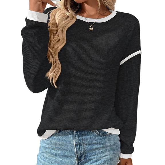 Female Fashion Crewneck Pullover Sweater Casual Color Block Ribbed Knit Tops Loose Fall Tops Black & Gray XXL