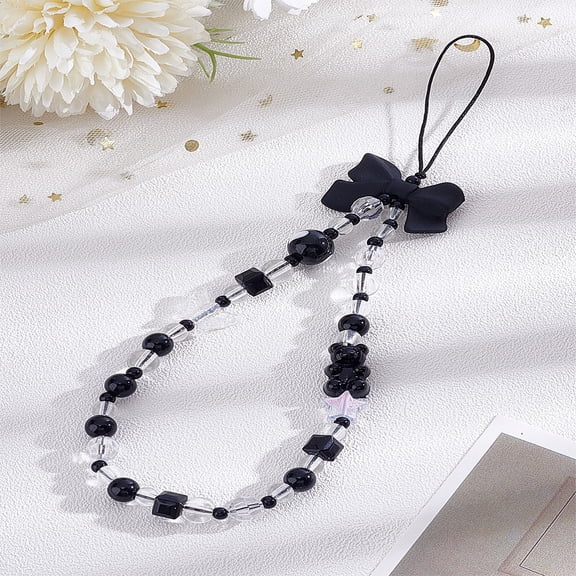 1pc Acrylic Beaded Mobile Straps for Women Phone Decorations Charm Bowknot Black 213mm