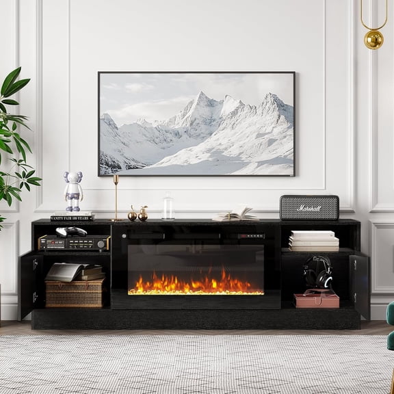 80” Fireplace TV Stand with 36” Electric Fireplace LED Light Entertainment Center for TVs Up to 90” -Gloss Door Modern TV Console for Living Room with Storage Cabinet Black Black