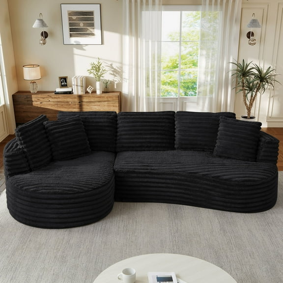 Muumblus Curved Sectional Sofa, Oversized L-Shaped Couch, Modern Corduroy Sleeper Couches for Living Room, Black (Chaise on Left)