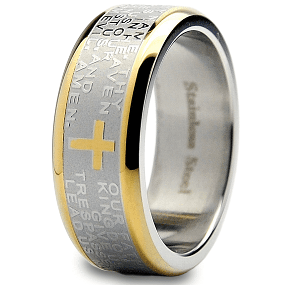 Metal Masters Mens Lord's Prayer Ring Christian Cross Stainless Steel 8mm Goldtone