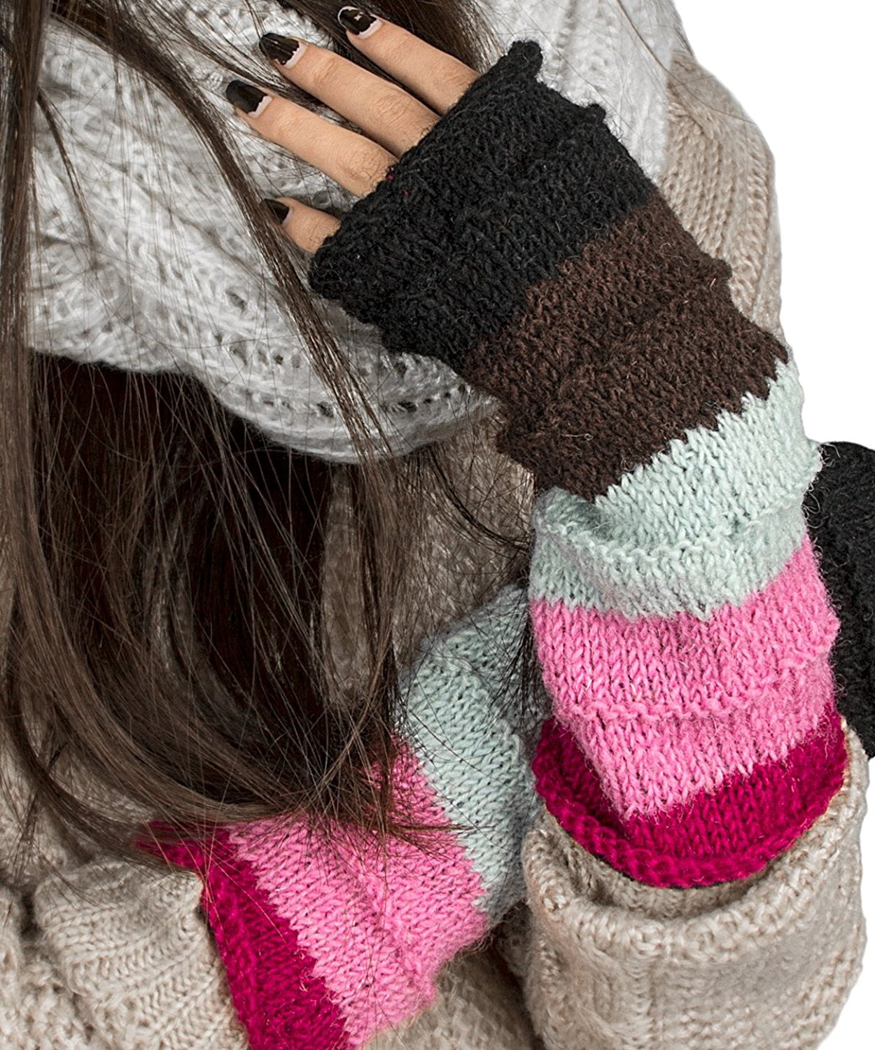 Women's Girls Gloves Fingerless Checkerboard Knit Warm Cozy Winter 