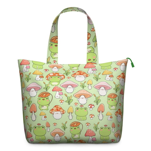 Green Frog Travel Duffel Bag, Cute Cartoon Frog Print Weekender Tote, Mushroom and Flower Pattern Lightweight Multipurpose Carry-on Bag