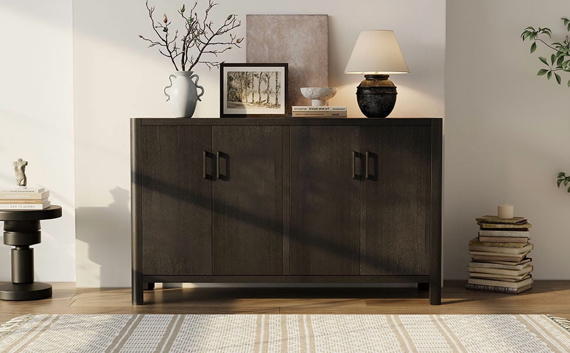 Noble House Farmhouse Style 4-Door Cabinet with Natural Finish,Black