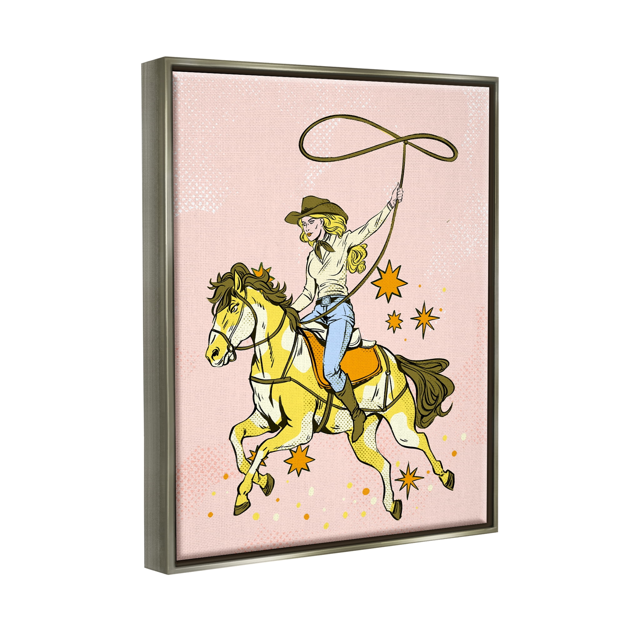 Stupell Industries Cowgirl with Lasso Animals & Insects Painting Gray Floater Framed Canvas Art Print Wall Art, 25 x 31