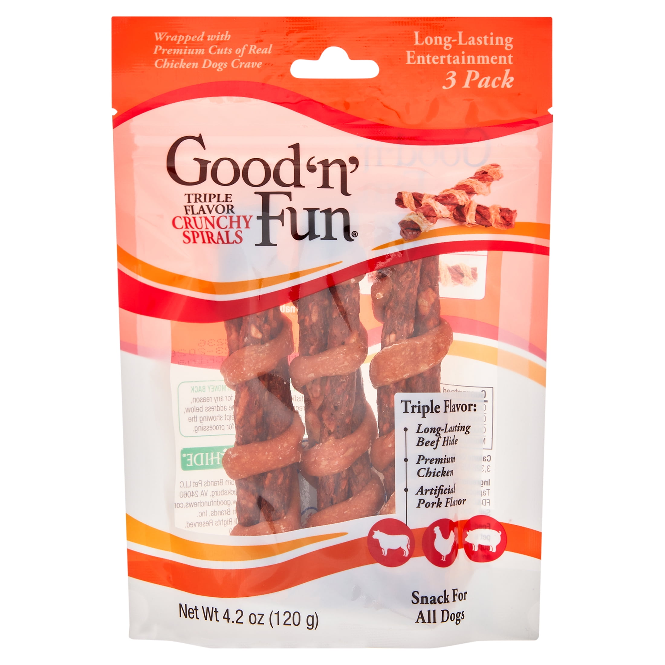 (3 pack) Good 'n' Fun Triple Flavor Crunchy Spirals Rawhide Dog Chews, 3 Count (4.2 oz.)