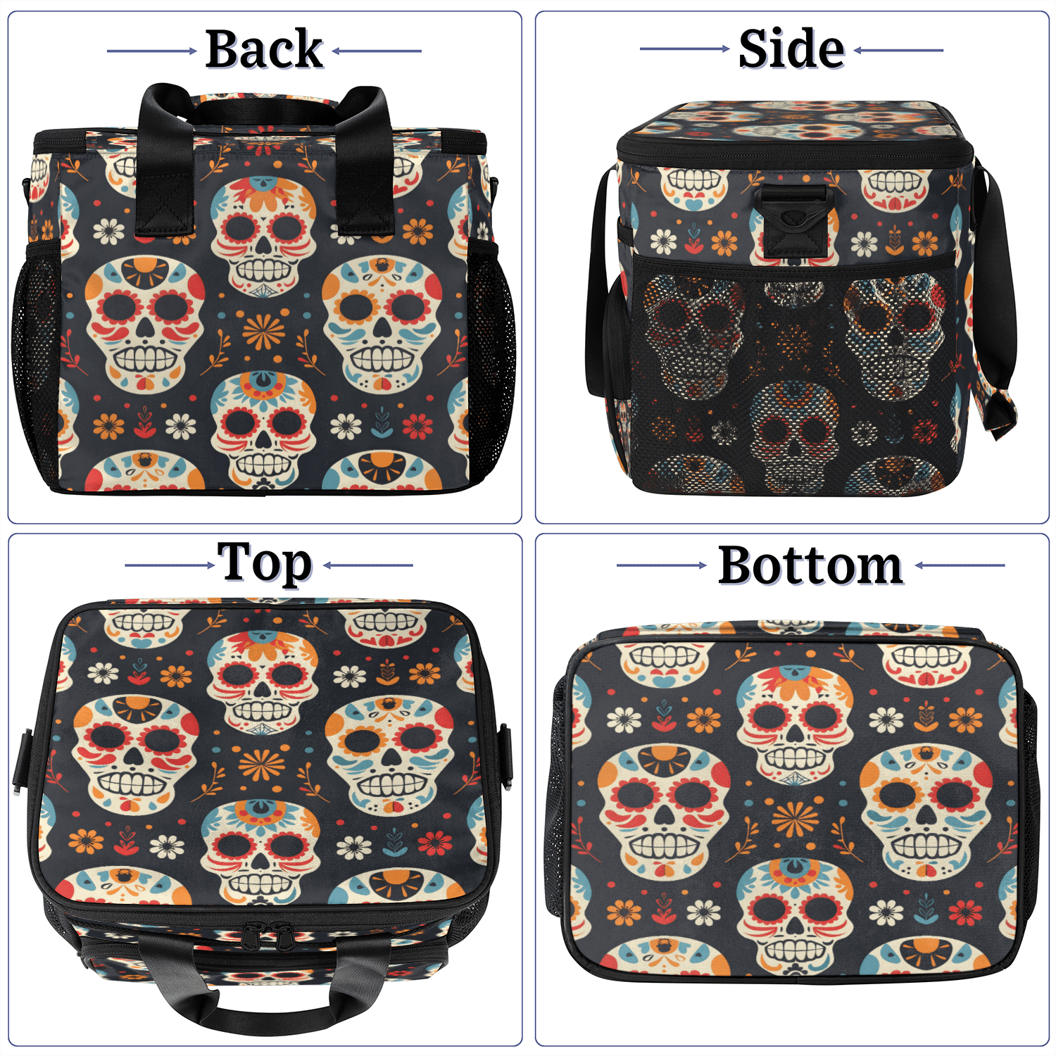 Herdesigns Sugar Skull Floral Large Lunch Box for Adults Women Men with Adjustable Shoulder Strap, Insulated Reusable Lunch Bag Leakproof Cooler Tote Bag