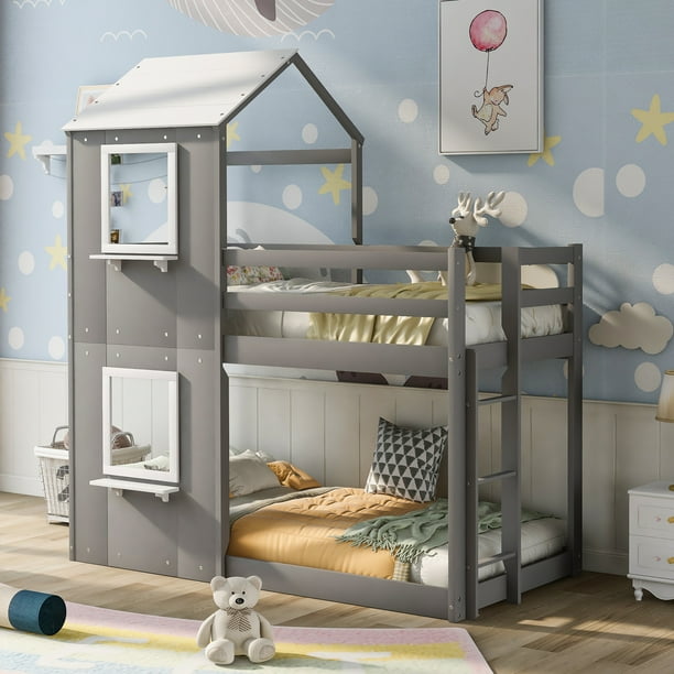 Ocyclone Twin Over Twin Bunk Bed Wood Bed with Roof, Window, Guardrail