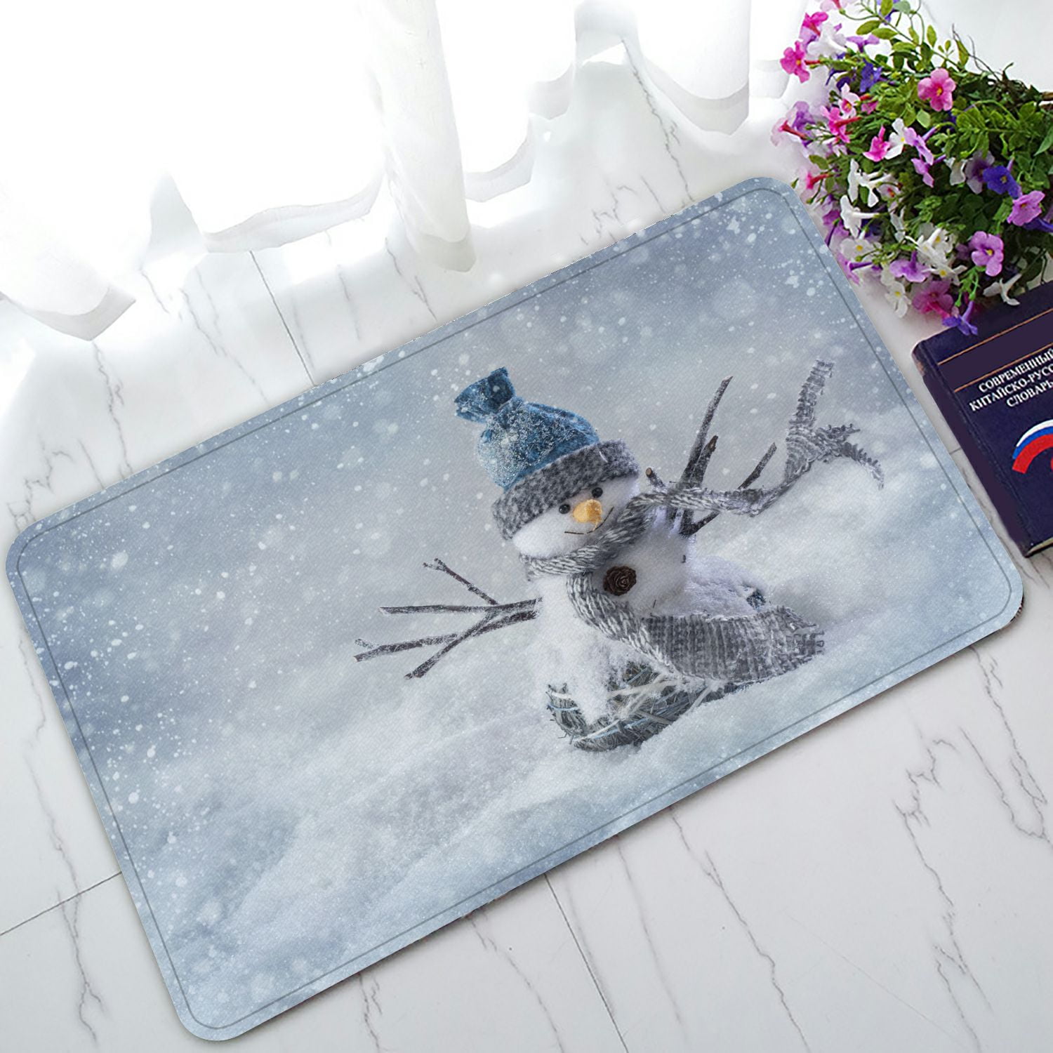PHFZK Winter Holiday Doormat, Cute Smiling Snowman Snowflake Christmas