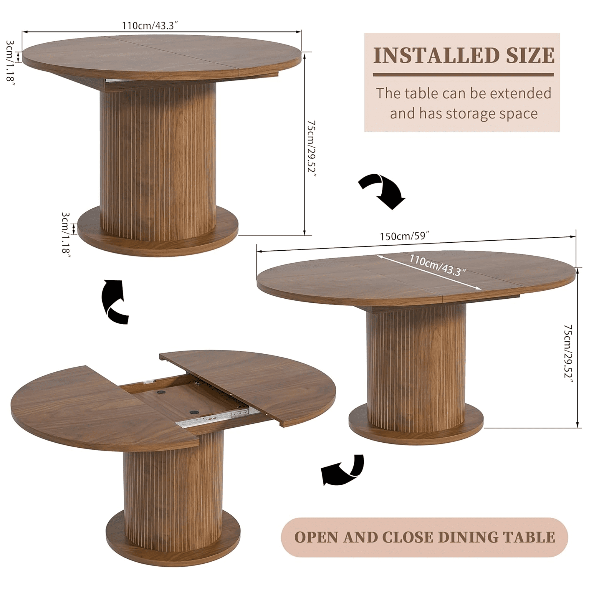 Round Dining Table for 4-6 People, 43.3“-59“Extendable Round Kitchen Dining Table with Pedestal Base, Walnut