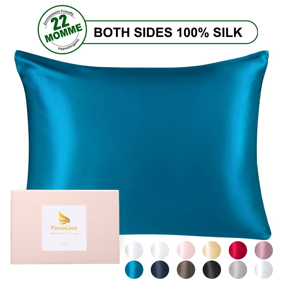 PiccoCasa 1 Piece 22 Momme Mulberry Silk Pillowcase, Zippered Bed