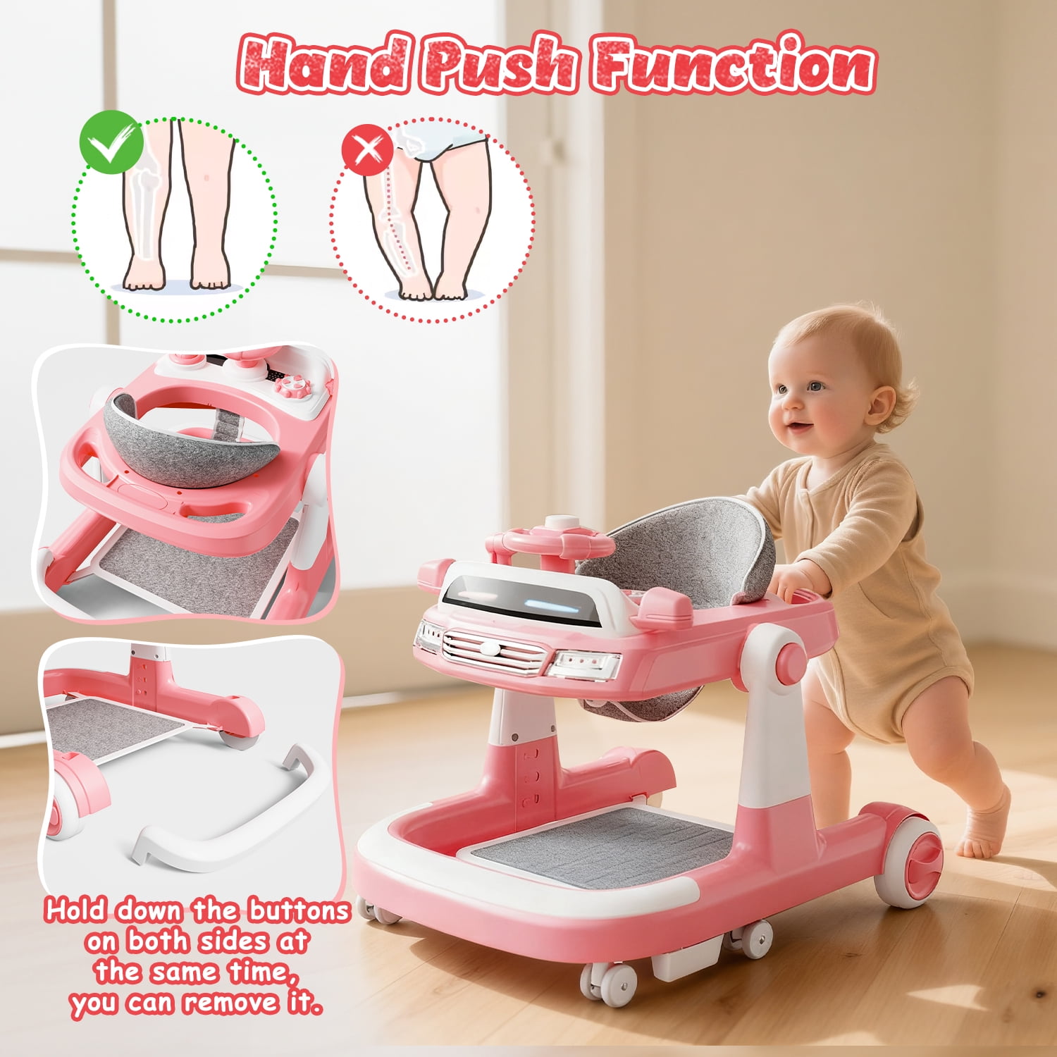 WonderStone 6 in 1 Baby Walker, Height-Adjustable Push Walker with Music & Light Toys, Baby Bouncer & Activity Center for Boys and Girls 6-18 Months (Pink)