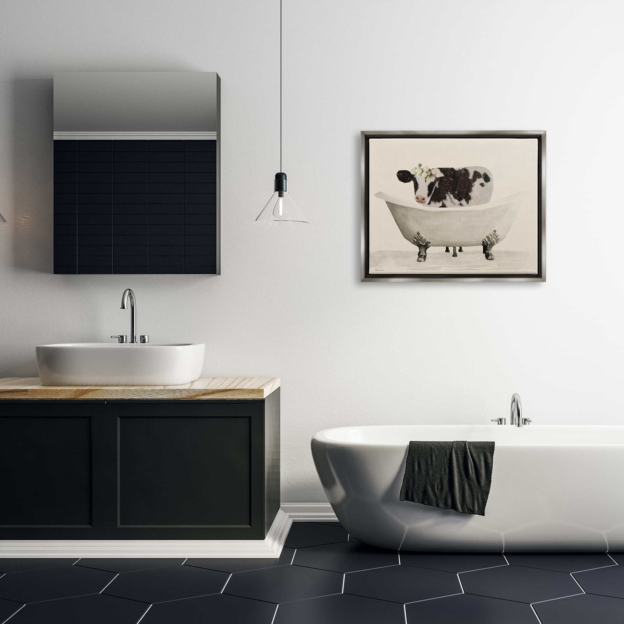 Stupell Industries Antique Bathtub Cow Animals & Insects Painting Gray Floater Framed Art Print Wall Art, 31 x 25